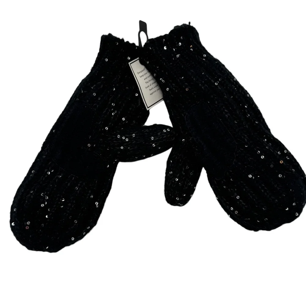 Isotoner Black Sequin Womens Mittens Cable Knit Sherpasoft Lining Shimmer Cozy - Picture 2 of 10